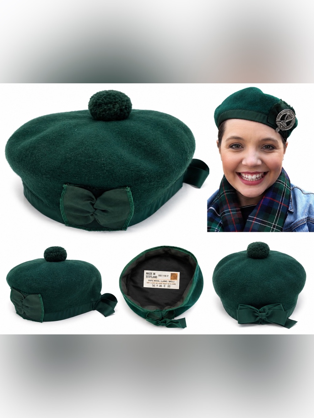 Vintage Scottish Tam O’Shanter Beret Green 100% Wool Made in Scotland Size 7 1/8